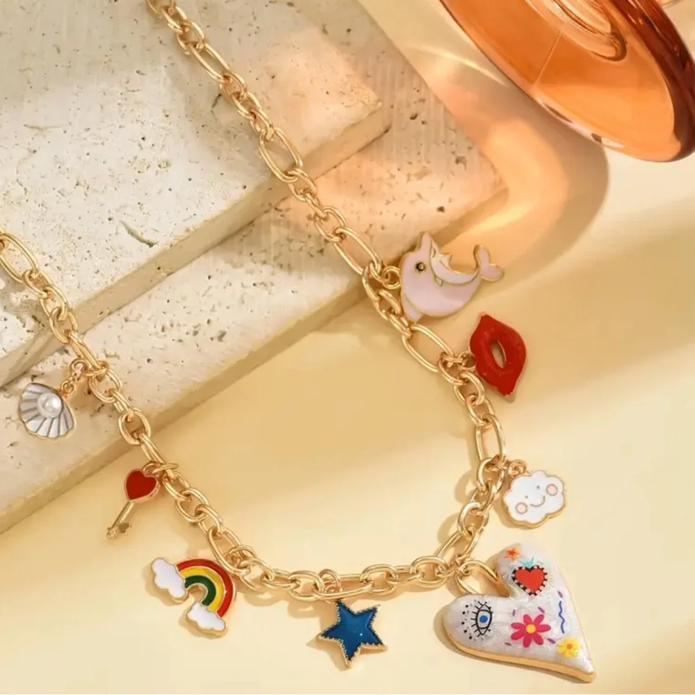 NEW Gold Charm Necklace with Colorful Accents